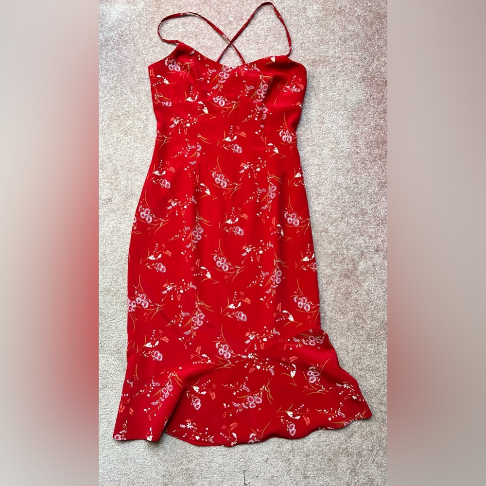 Y2K Express Midi Dress Red Floral Ruffle Hem